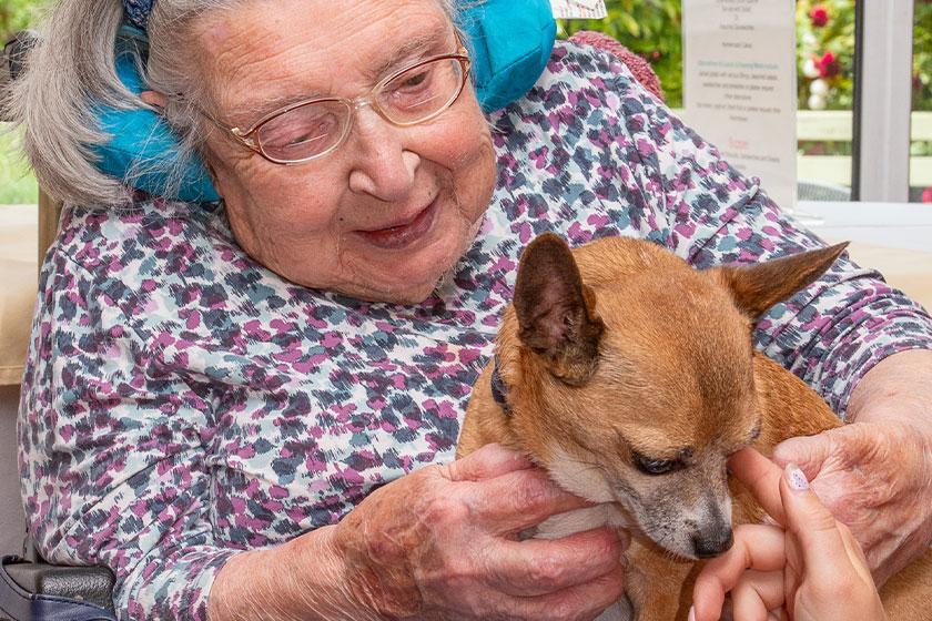 Westmead resident Betty welcomes Crufts winners to the care hone in Droitwich 
