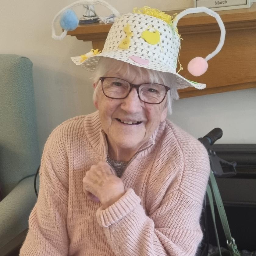 A furzehatt resident wearing a homemade Easter bonnet