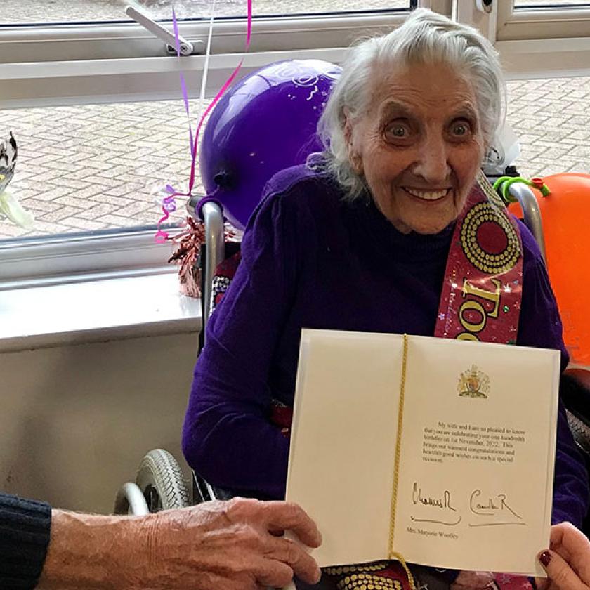 Marjorie Woolley celebrates her 100th birthday with a letter from King Charles and Camilla