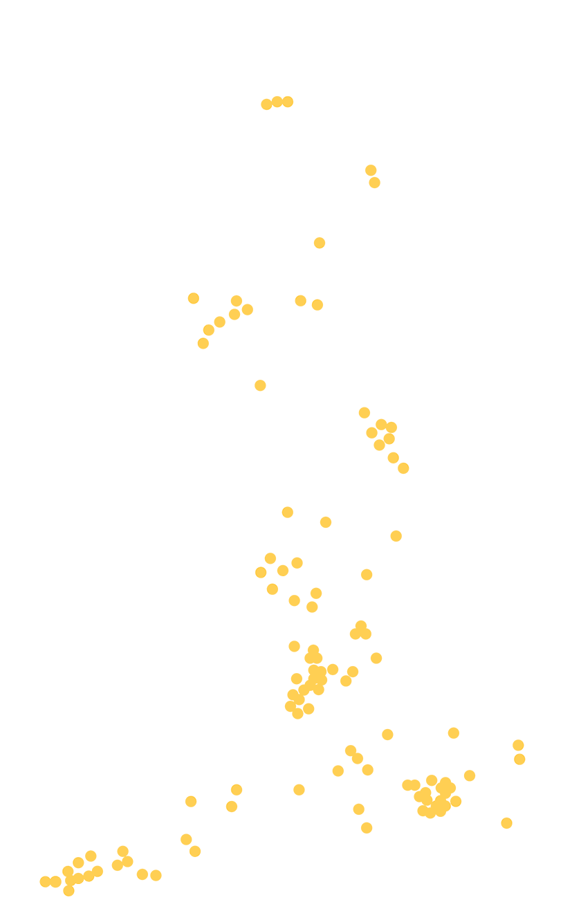 Map showing all Sanctuary Care Homes across England and Scotland
