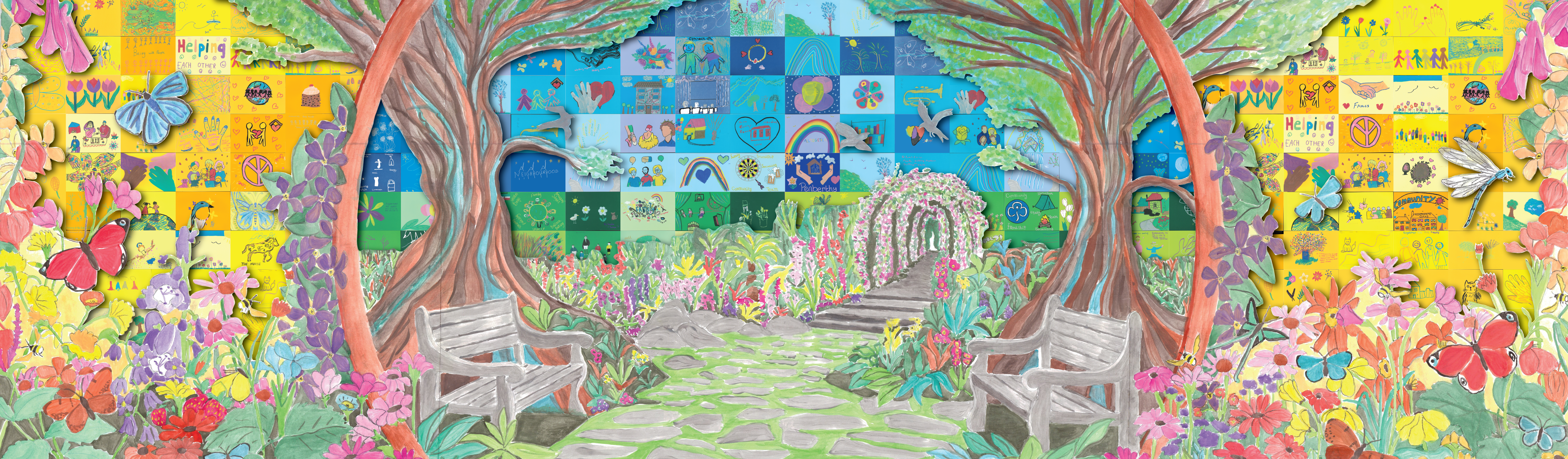 A collage of community artwork layered to create a garden seating area scene.