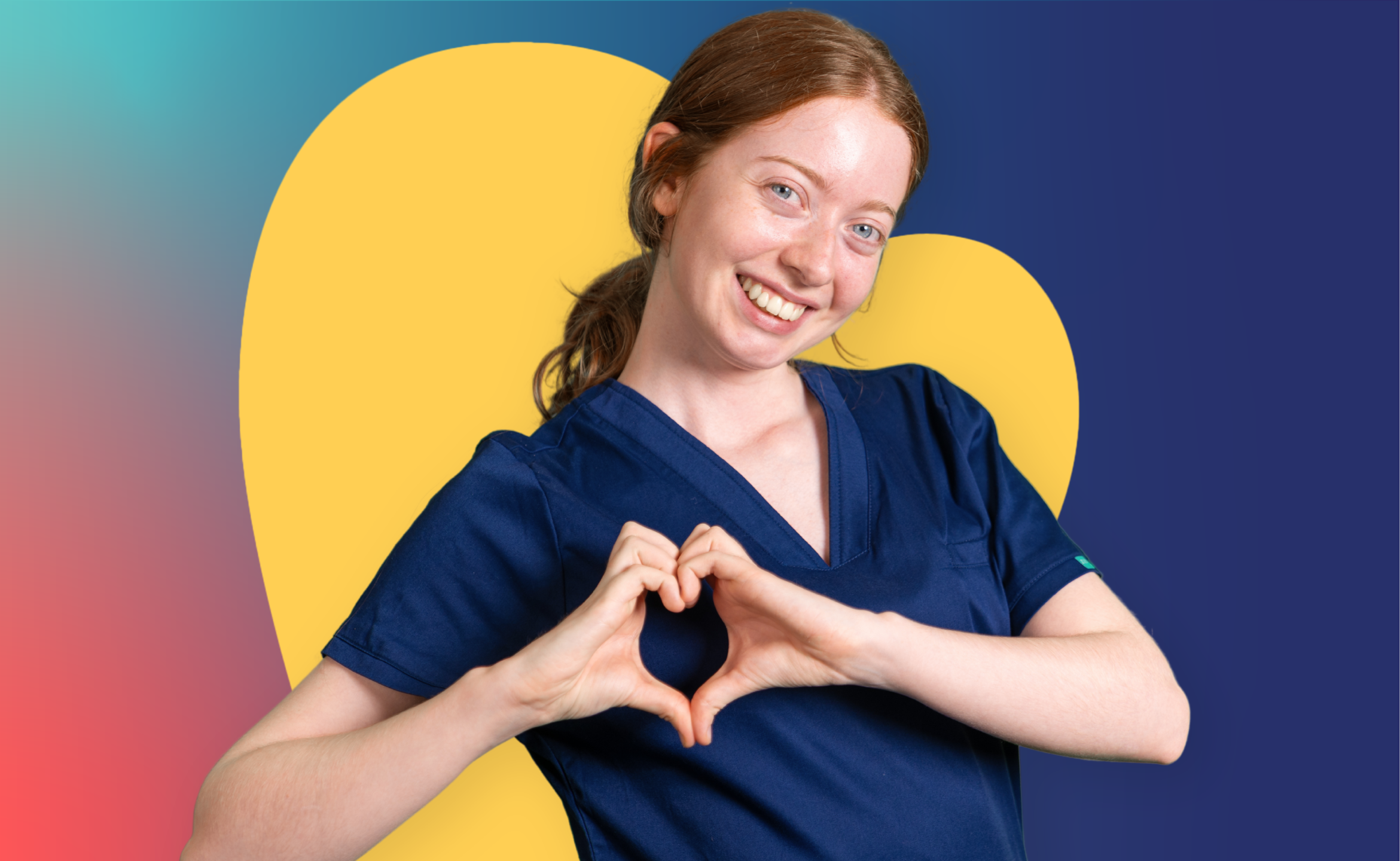 19 Jobs FAQs - Ready to take the next step A person in a blue uniform making a heart shape with their hands while standing in front of a yellow heart-shaped background on a blue and pink gradient backdrop.