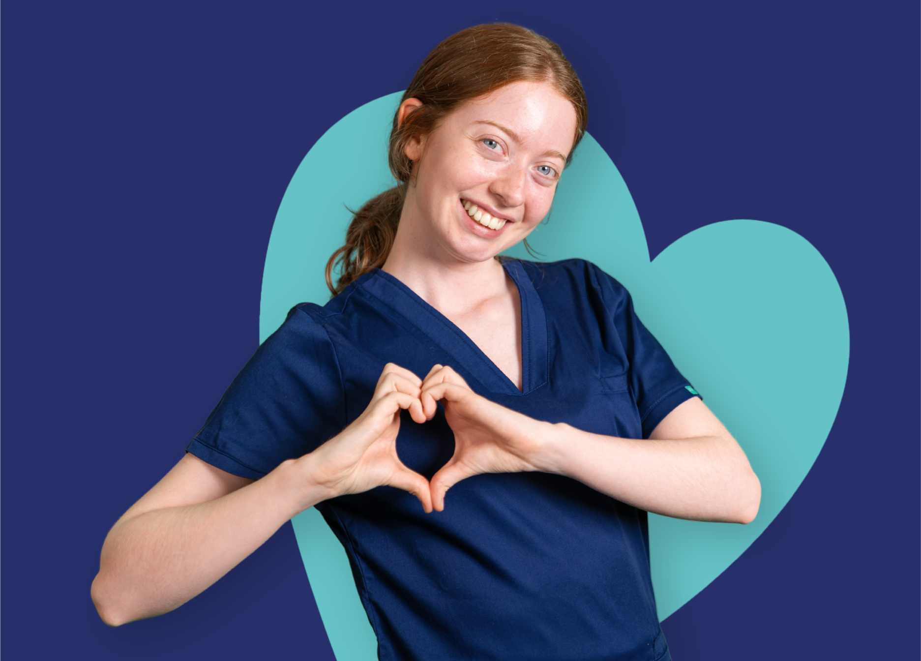 ID06 Jobs home - Feel supported every day A person in a blue uniform making a heart shape with their hands in front of a teal heart-shaped background.