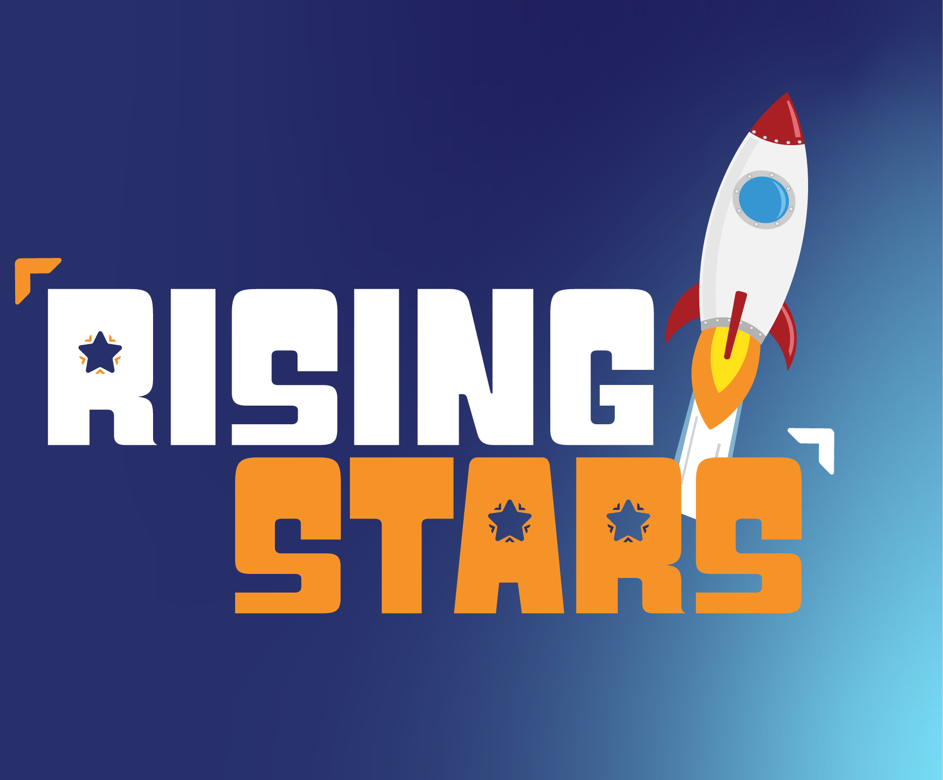 Graphic displaying the text “RISING STARS” alongside a rocket illustration on a dark blue to light blue gradient background.