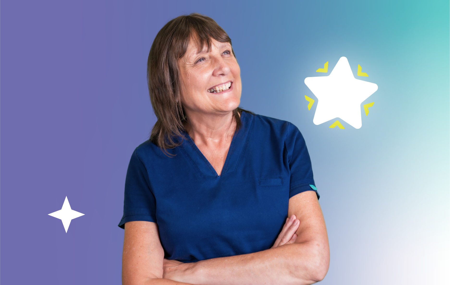 Person in blue scrubs standing with folded arms and looking upwards beside star illustrations on a purple to blue gradient background.