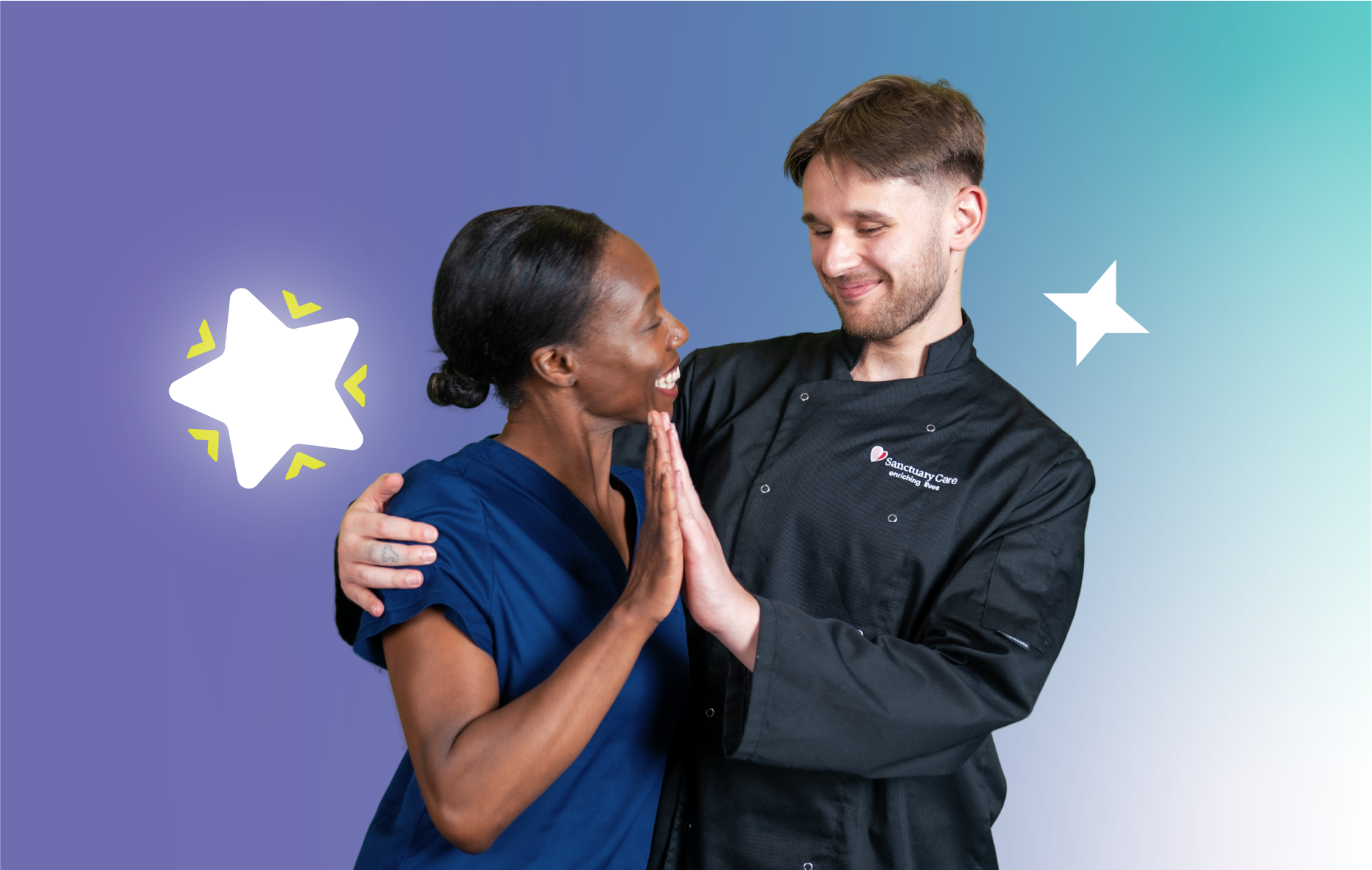 Two people standing together with their hands touching in a high-five gesture beside star illustrations on a purple to blue gradient background.