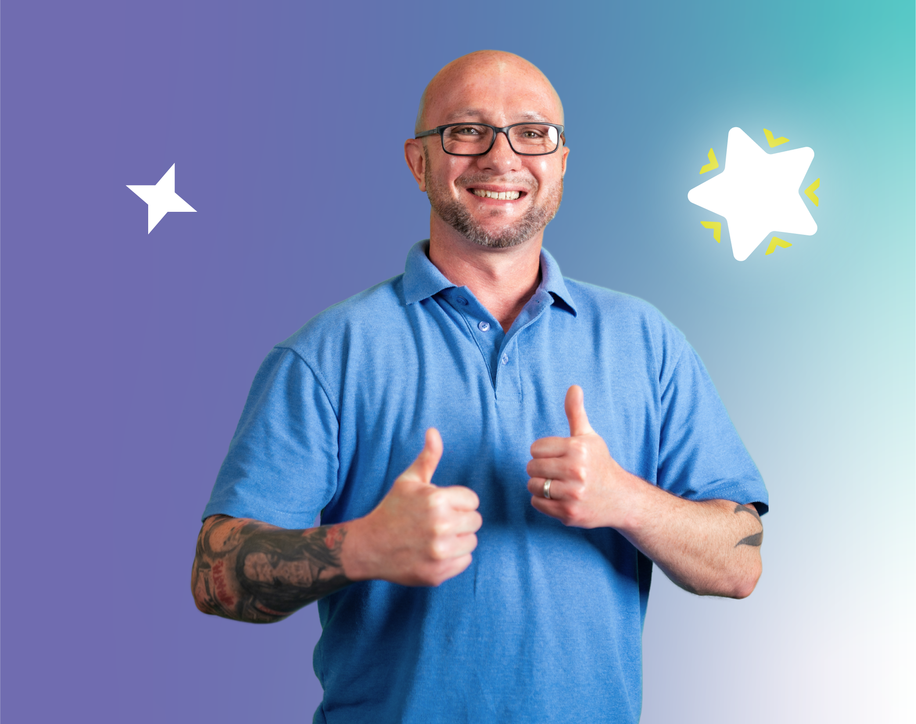 Person giving two thumbs-up gestures beside star illustrations on a purple to blue gradient background.