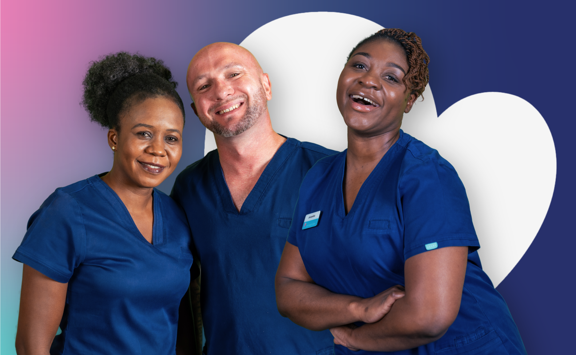 ID25 Jobs nursing careers - Find your next nursing role A person in a blue nursing uniform holding hands with an older person, standing in front of a pink heart-shaped background.