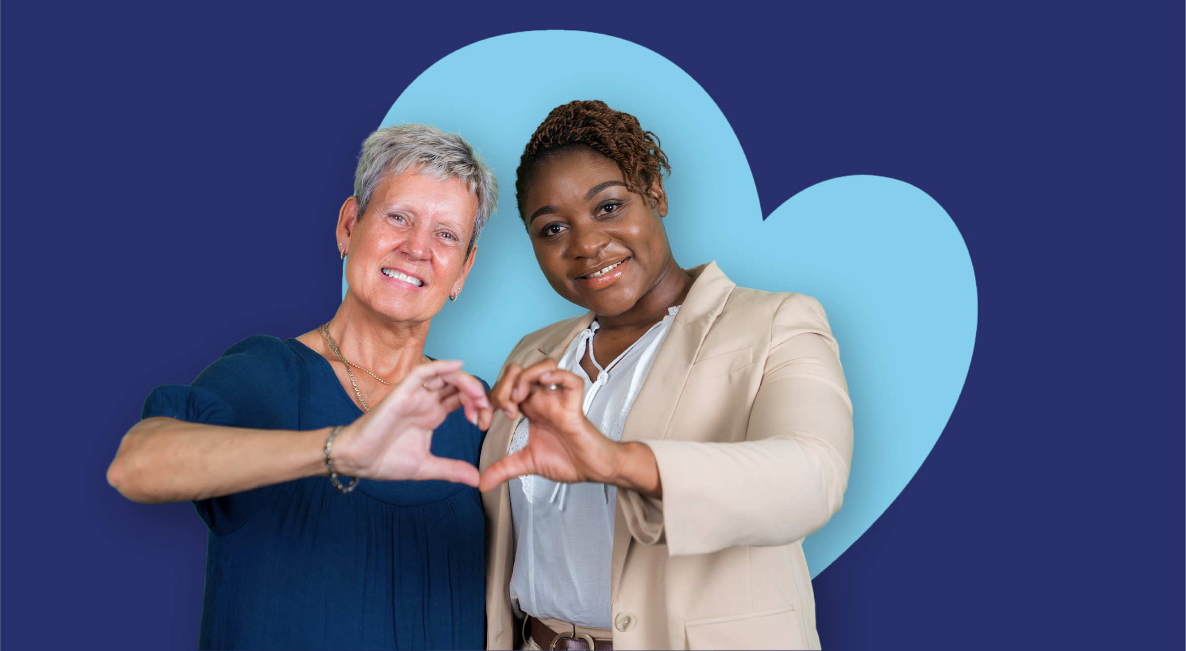 ID30 Jobs management careers - A framework that brings everything together Two people standing together making a heart shape with their hands in front of a blue heart-shaped background.