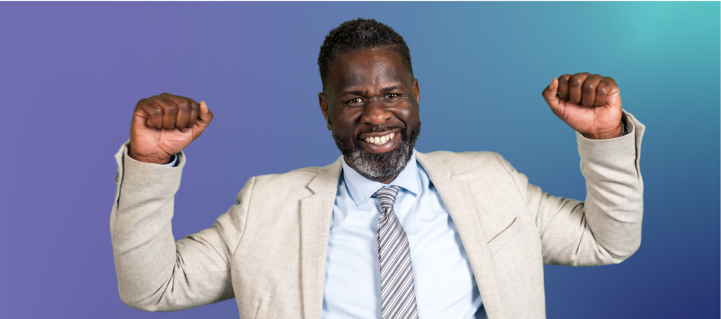 ID33 Jobs management careers - A place you can be proud to lead A person in a light-coloured suit jacket raising both arms against a blue and teal gradient background.