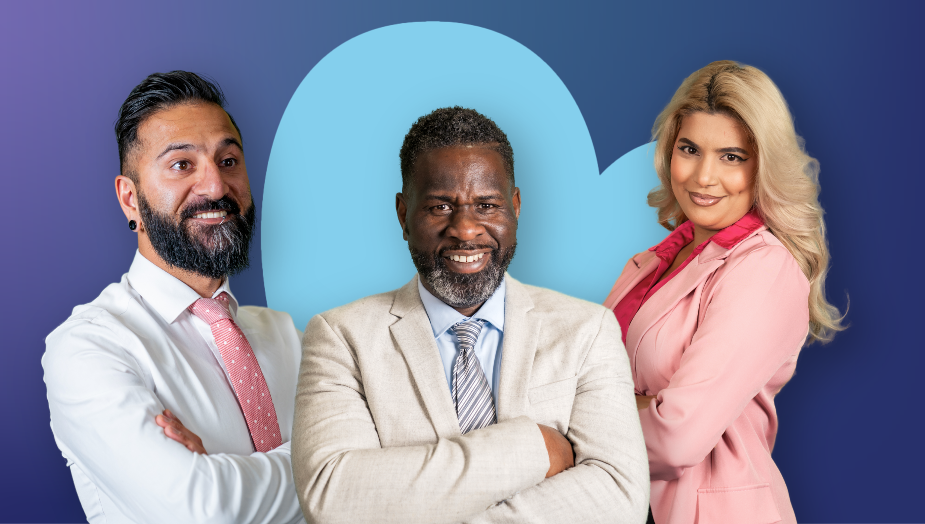 ID34 Jobs management careers - Looking for your next leadership role Three people in business attire standing together with folded arms in front of a blue heart-shaped background.