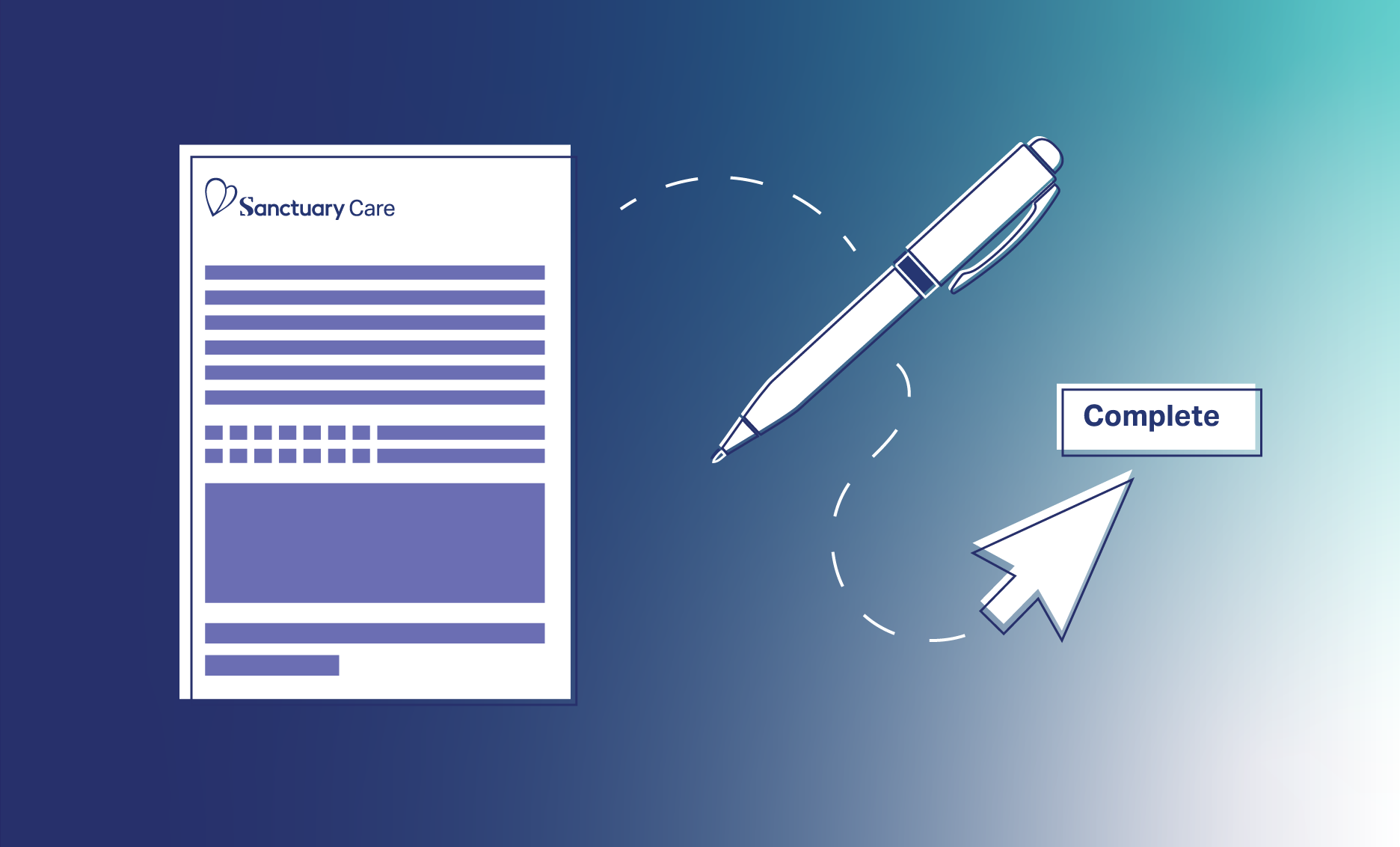 ID36 Jobs onboarding process - Pre-employment form Illustration of a completed form, a pen and a cursor icon on a blue gradient background.