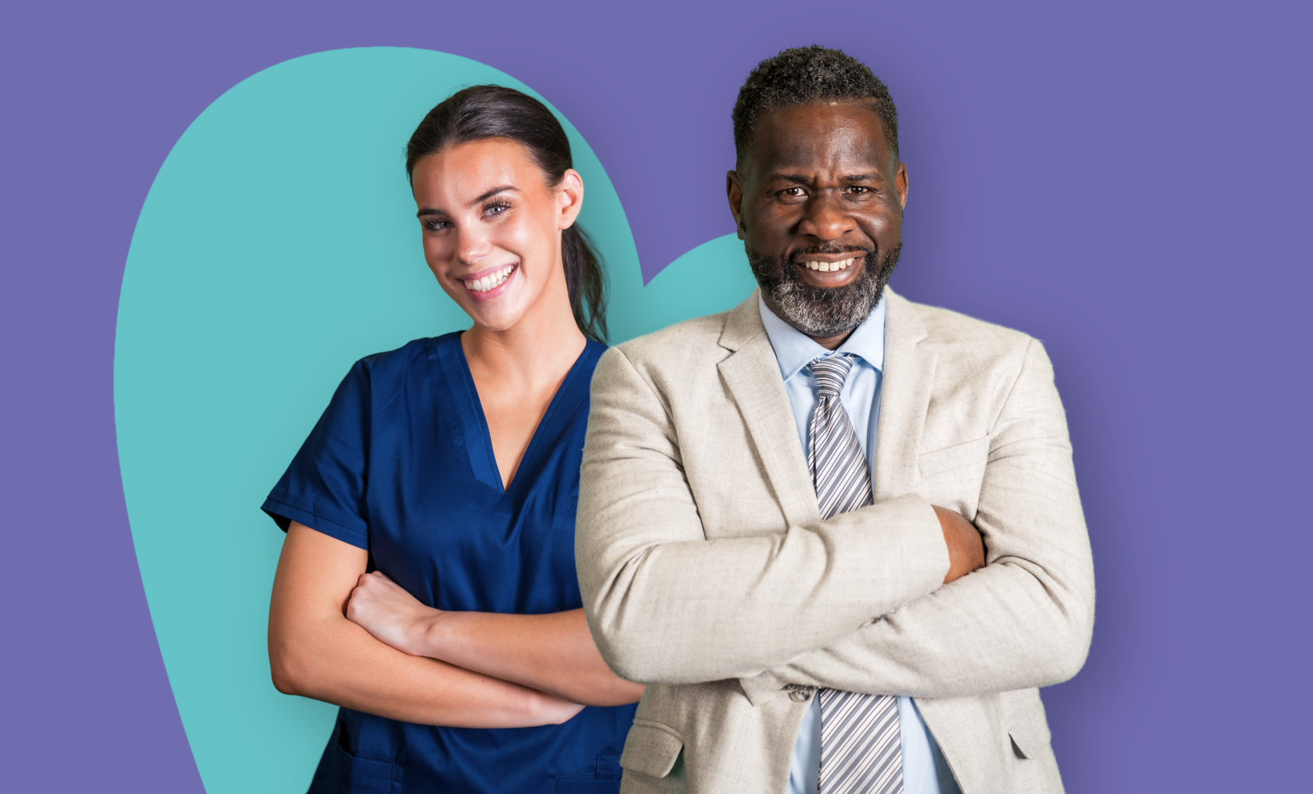 ID37 Jobs onboarding process - References Two people standing side by side with folded arms in front of a teal heart-shaped background.