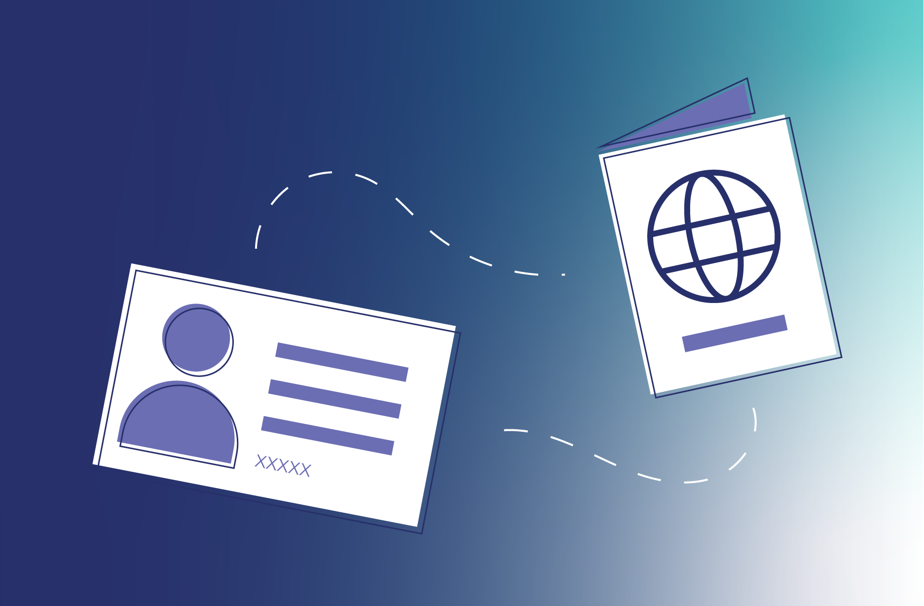 ID38 Jobs onboarding process - Right to work and ID checks Illustration of an ID card and a passport connected by a dotted line on a blue gradient background.