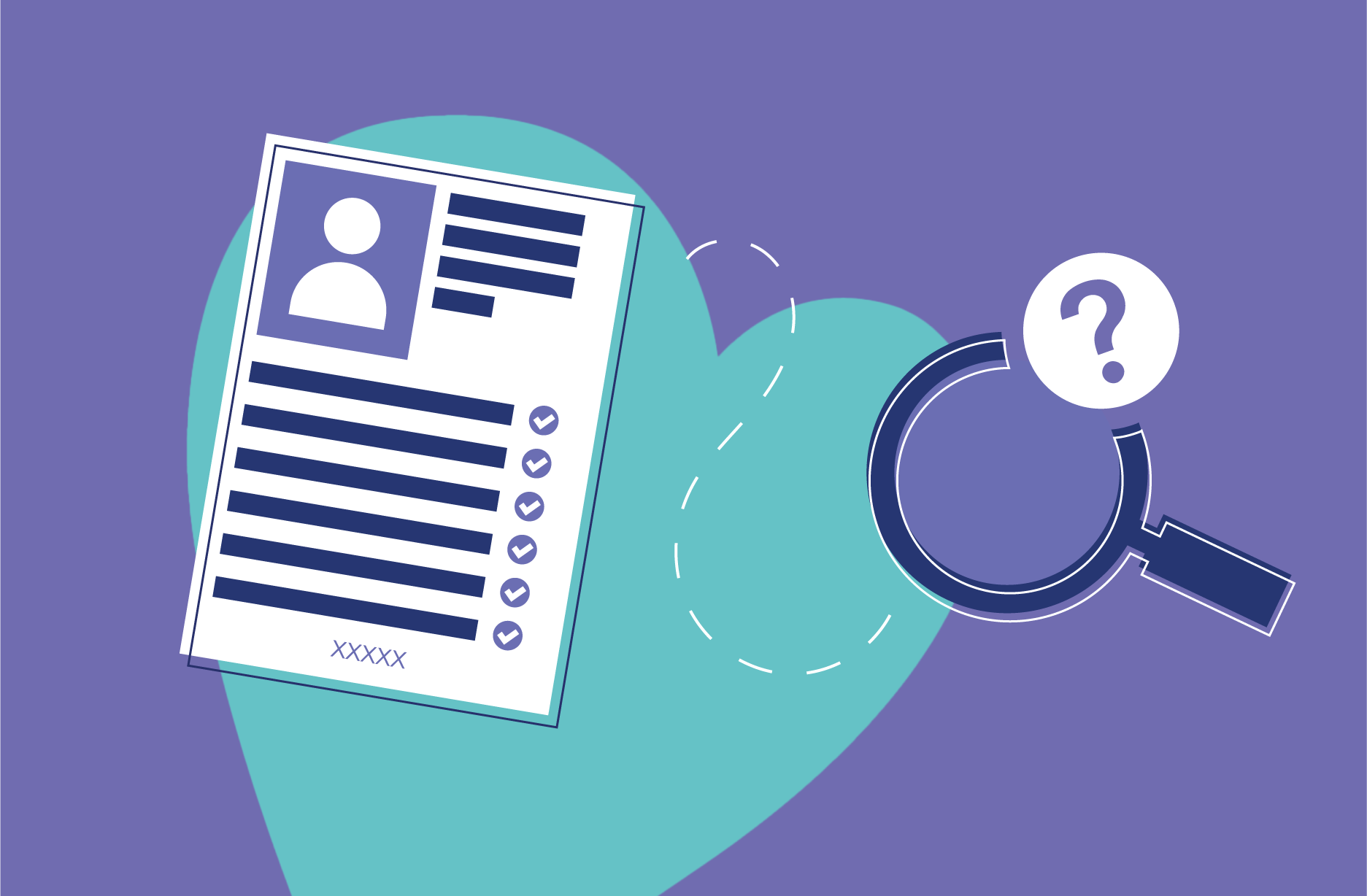 ID39 Jobs onboarding process - Criminal records check Illustration of a checklist document and a magnifying glass on a teal heart-shaped background.