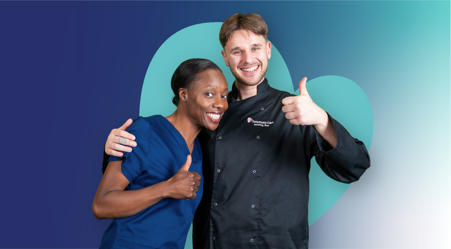 ID40 Jobs onboarding process - Confirming your start date Two people standing together with thumbs up gestures in front of a teal heart-shaped background.