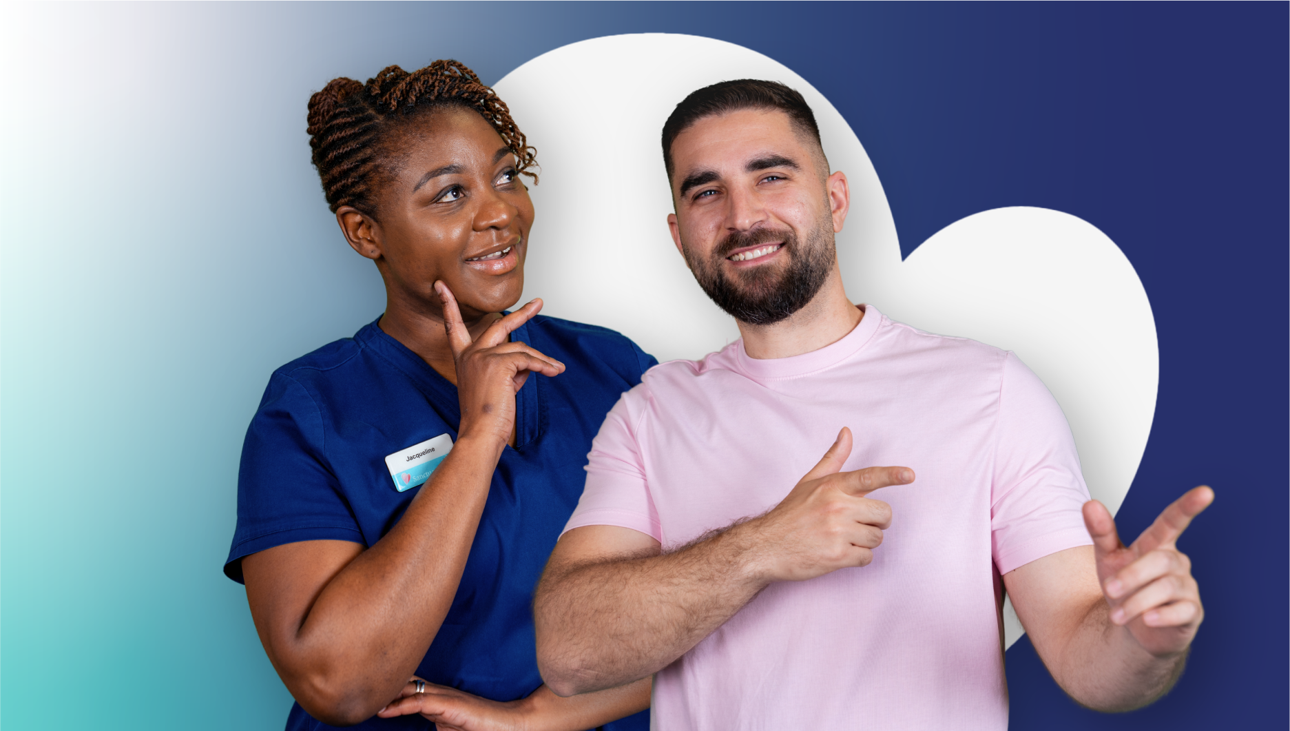 ID41 Jobs onboarding process - Ready to take your next step Two people standing together in front of a white heart-shaped background, with one person in a care uniform and the other pointing with their hand.