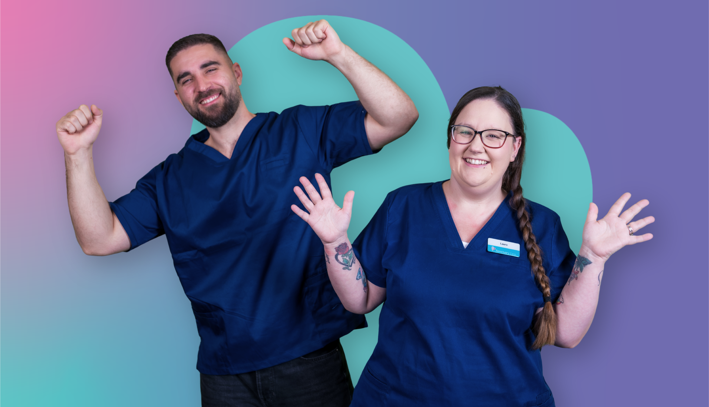 Two people wearing blue healthcare uniforms standing side by side with raised hands against a purple and teal background with large heart shape