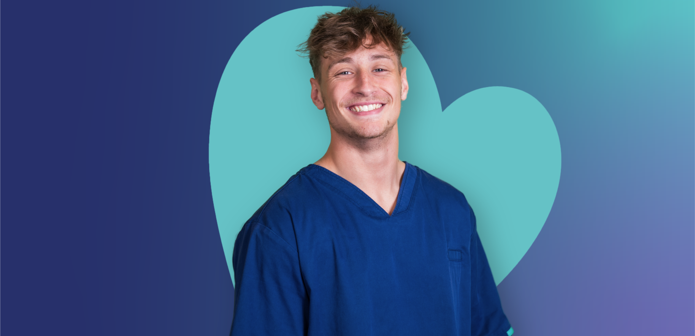 One person wearing a blue healthcare uniform standing and facing the camera against a blue and teal background with a large heart shape