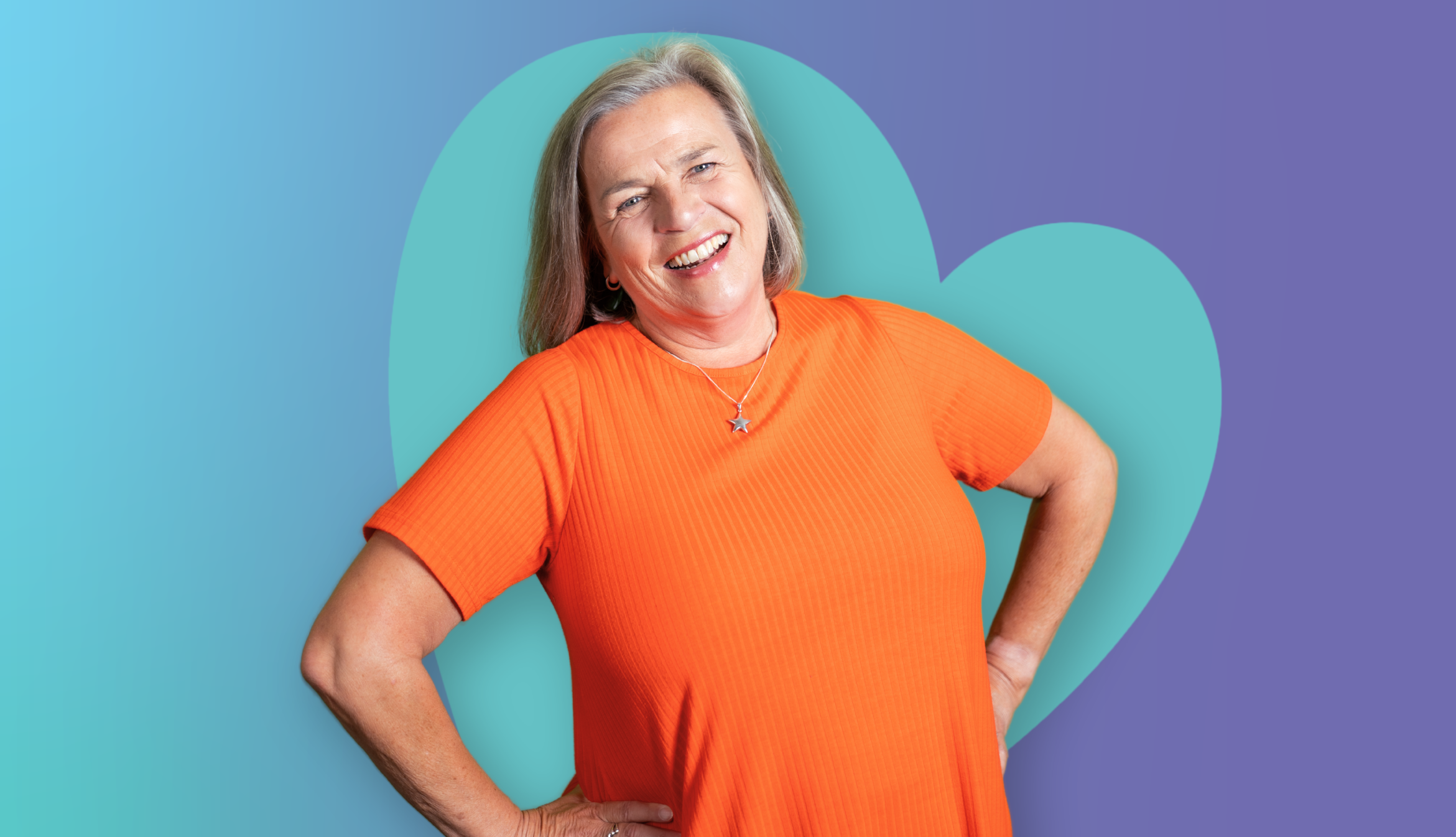 One person wearing an orange top standing with hands on hips against a blue and teal background with a large circular shape