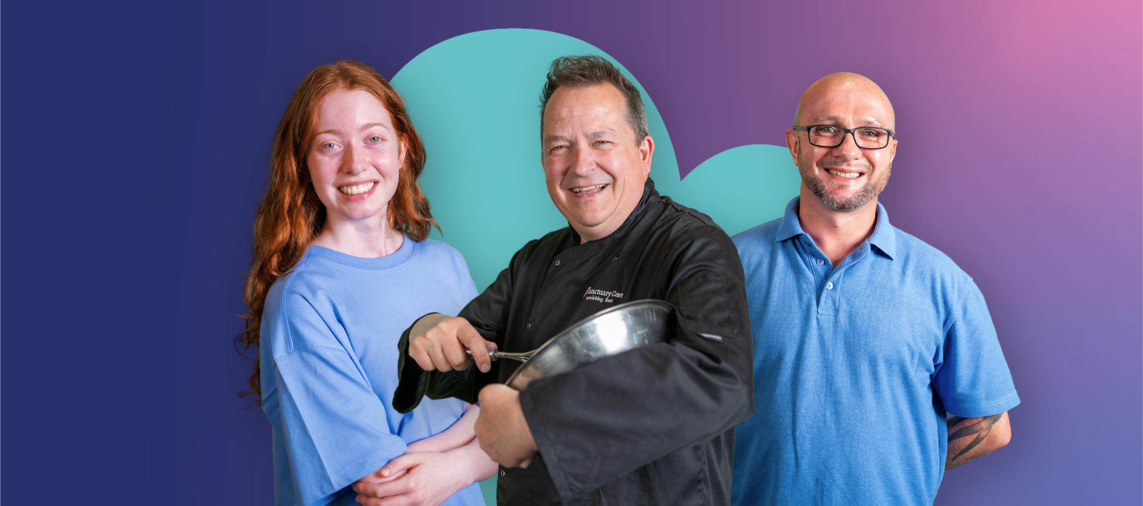 Three people standing together, including a person holding bowl and a whisk, against a purple and teal background with large heart shape