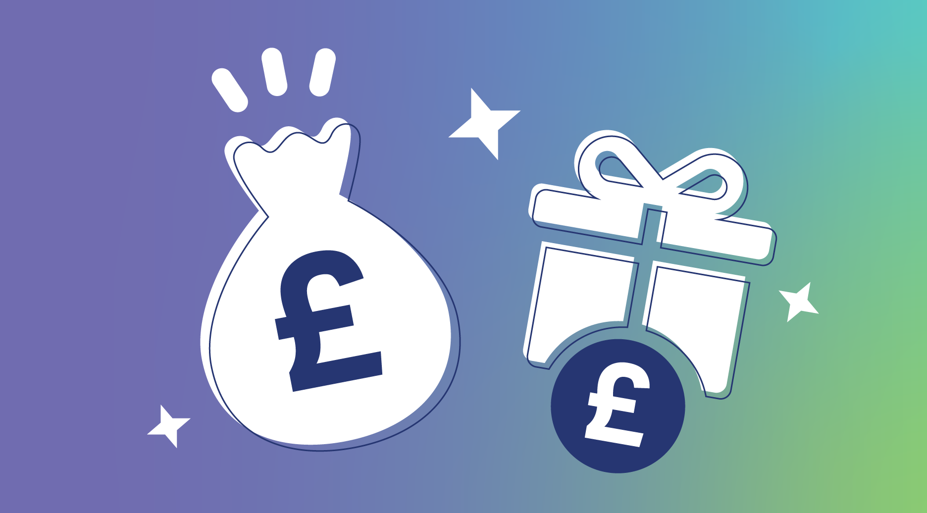 Illustration of a money bag with a pound symbol and a gift box with a pound symbol on a blue to green gradient background.