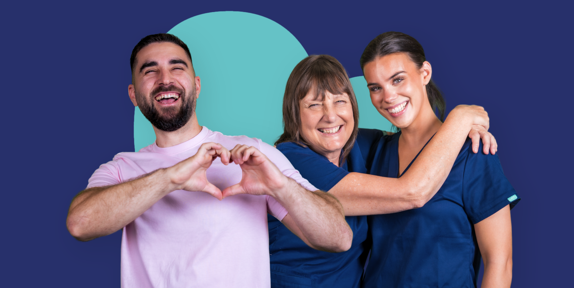 Three people standing together, with one person making a heart shape with their hands and two others embracing, against a blue background with heart shape.