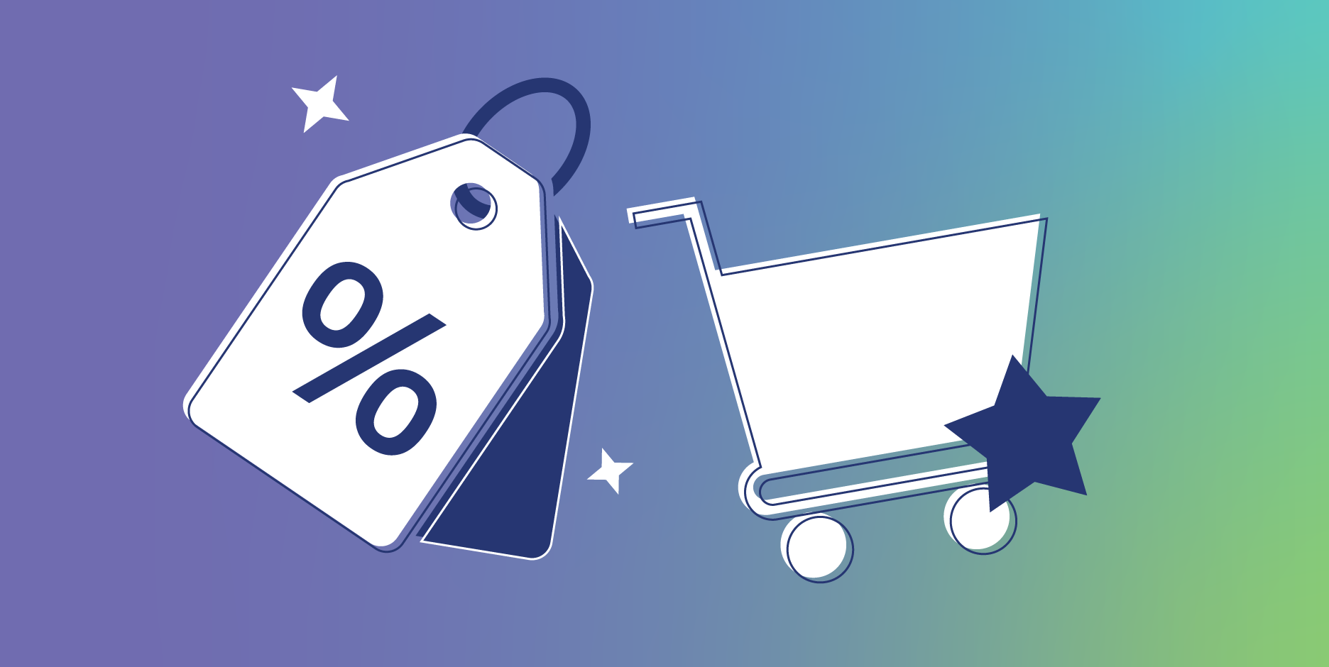 Illustration of a discount tag and a shopping trolley on a blue to green gradient background.