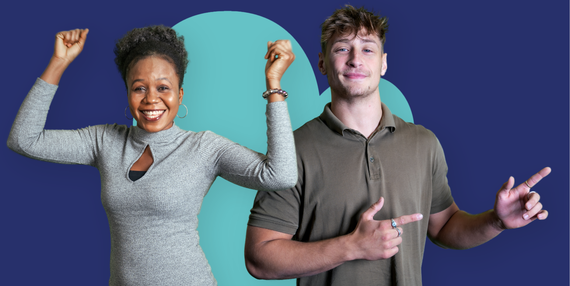 Two people standing and pointing, with one person raising their arms in celebration, in front of a large heart shape on a blue background.