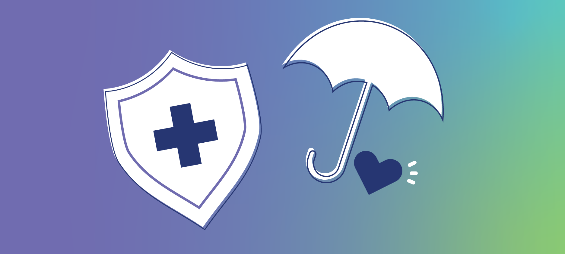 Illustration of a protective shield and an umbrella beside a heart icon on a blue to green gradient background.