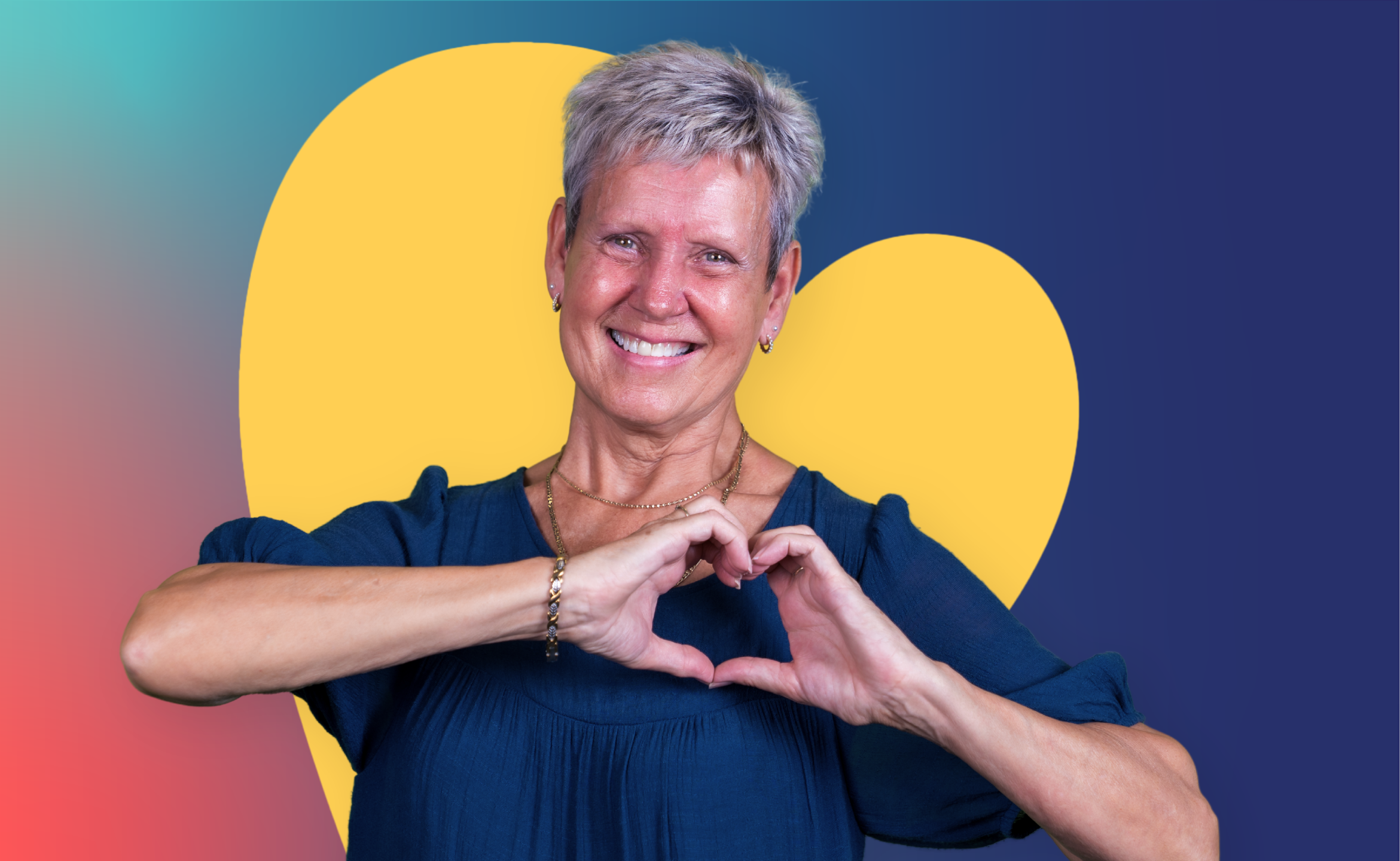 A person standing with their hands forming a heart shape in front of a yellow heart shape on a colourful gradient background.