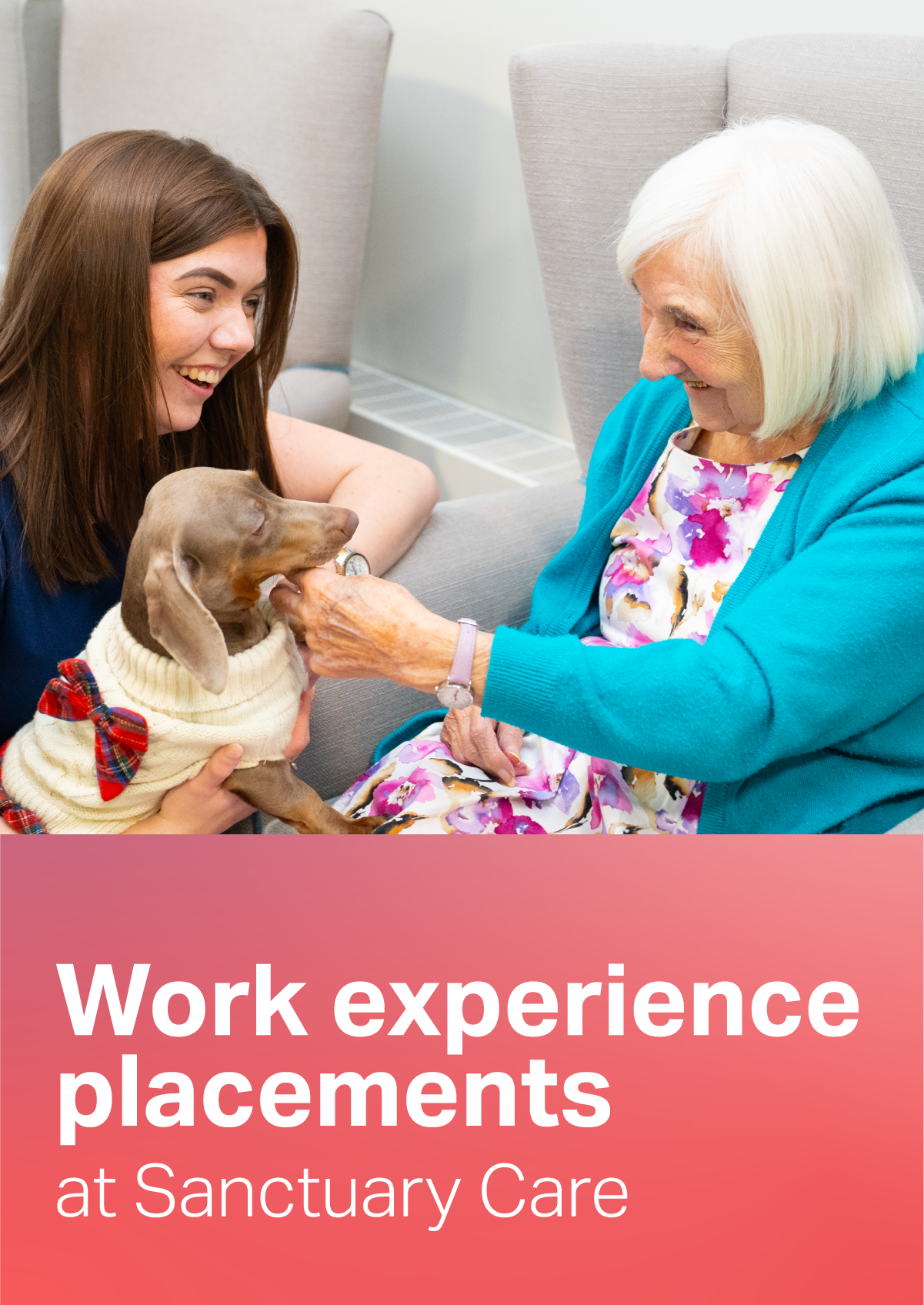 A person sitting with an older person in an armchair, while a small dog in a jumper sits between them in an indoor care setting. Text "Work experience placements at Sanctuary Care" underneath the picture.