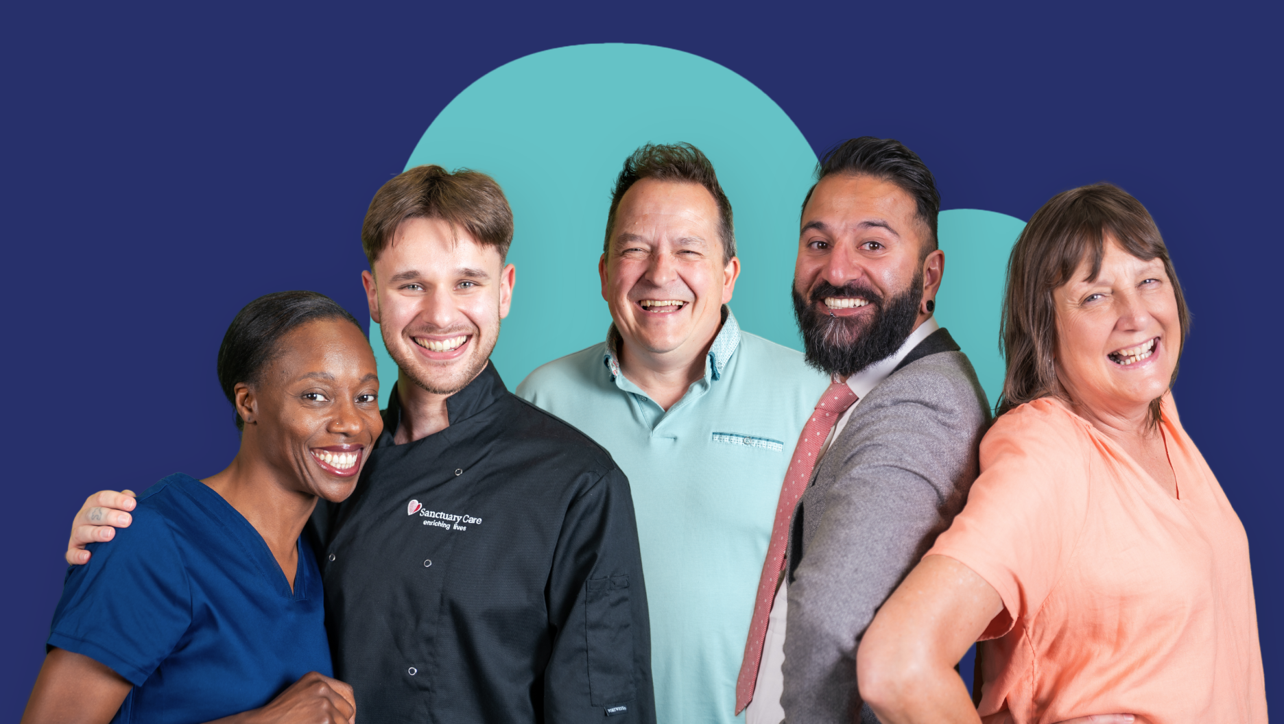 Five people standing together in different workwear and clothing against a dark blue background with large teal heart shape