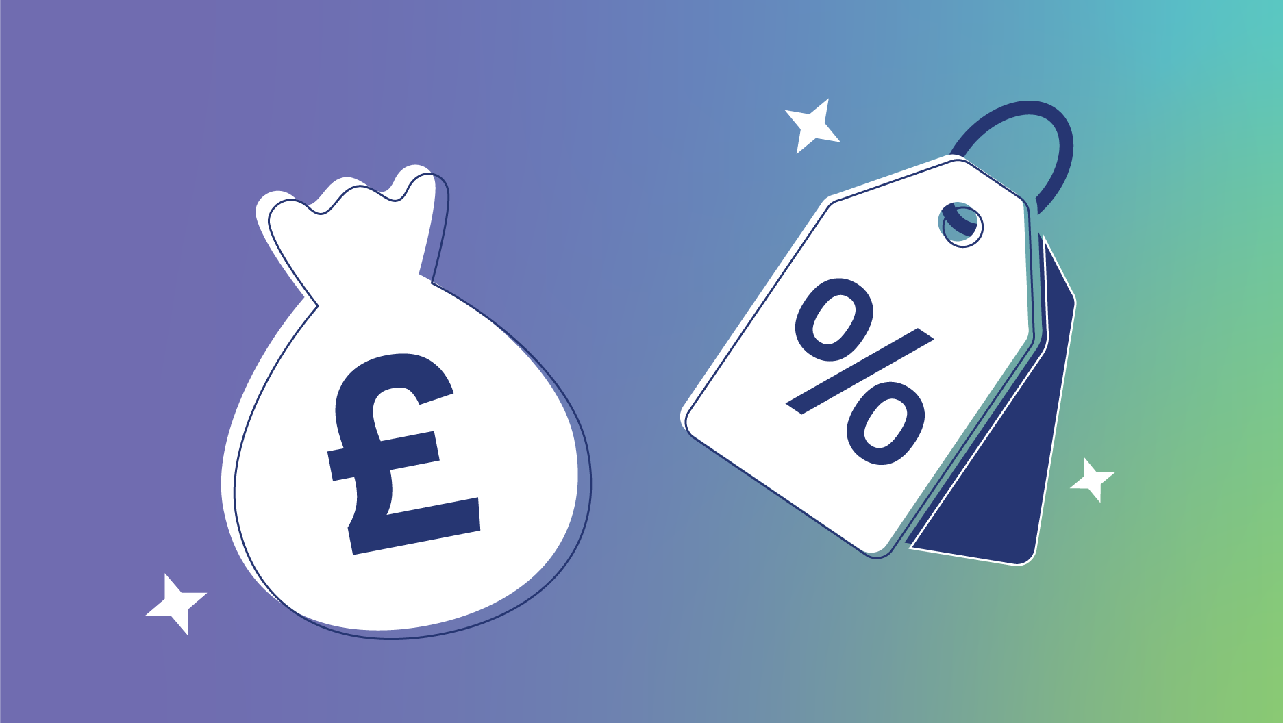 Illustration of a money bag with a pound sign and a discount tag with a percentage symbol on a blue and green gradient background