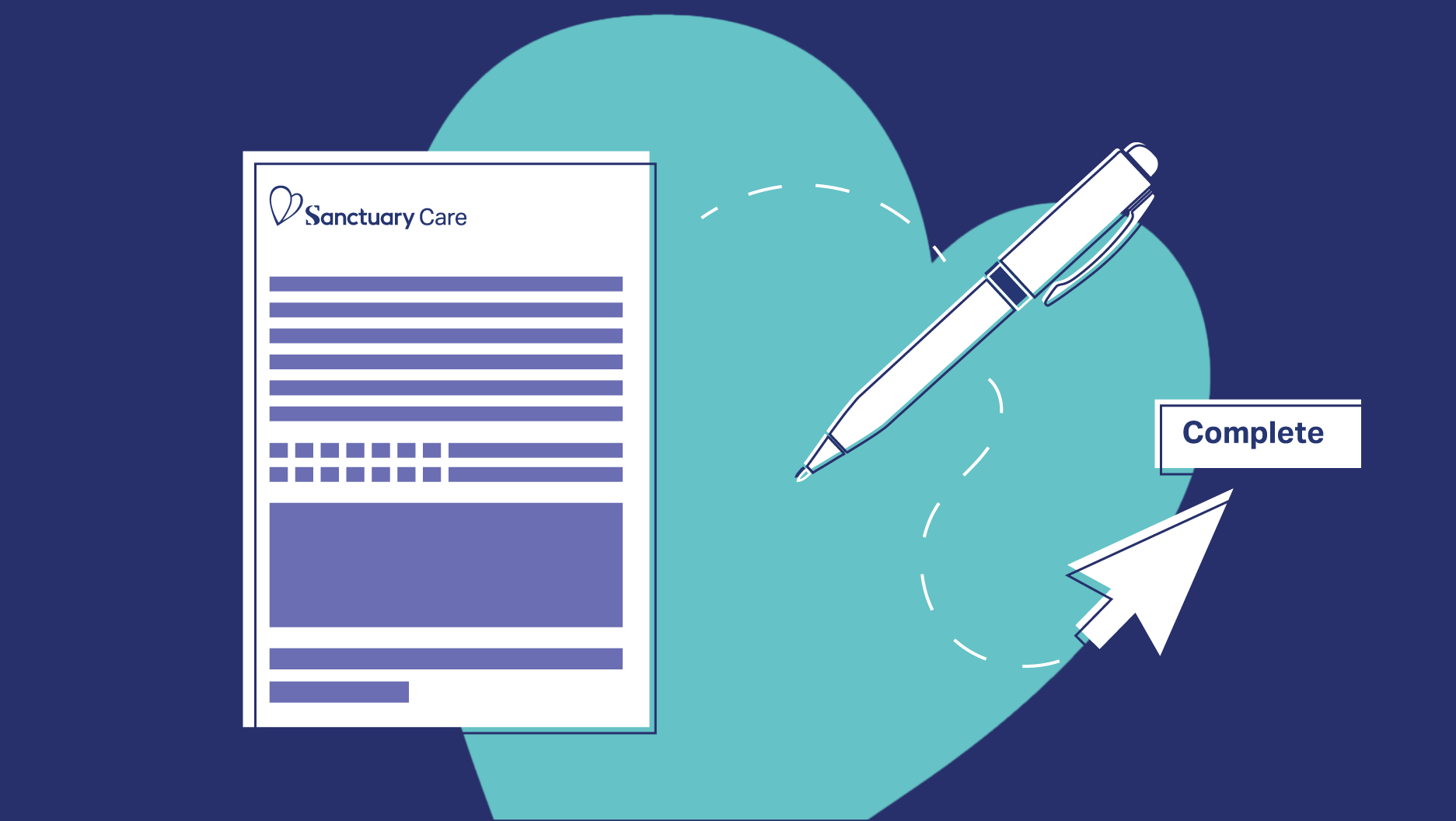 Illustration of a Sanctuary Care application form, pen, mouse pointer and completion button against a dark blue background with large teal heart shape