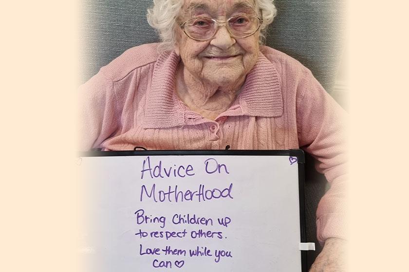 Sanctuary Care resident Doris with her advice for new mothers ahead of Mother's Day