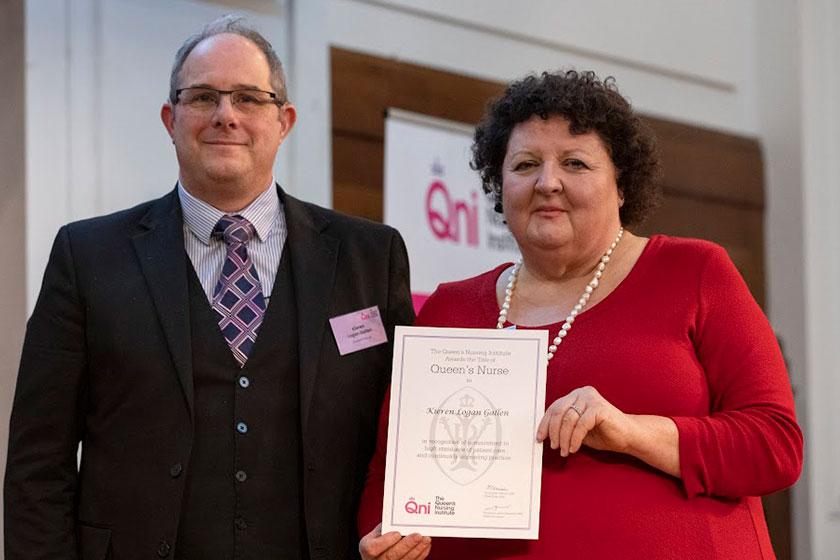 Sanctuary Care's Kieren receives Queen's Nurse Award from Professor Deborah Sturdy, Chief Nurse for Adult Social Care Kieren receives a prestigious Queen's Nurse Award