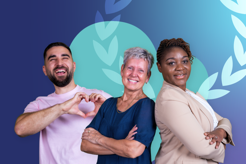 ID02 Jobs home - Banner IIP Platinum Three people standing together in front of a blue and teal background with leaf-shaped patterns. One person is making a heart shape with their hands, while the other two have their arms folded. All three are facing the camera.