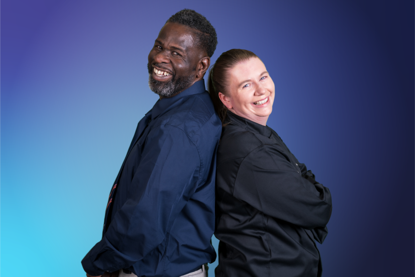 ID03 Jobs home - Become part of something special Two people standing back-to-back against a blue gradient background with their arms folded.