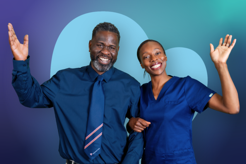 ID27 Jobs management careers - Lead a home where your leadership is supported Three people standing together, including one person in a care uniform and two people in business attire, in front of a blue heart-shaped background.