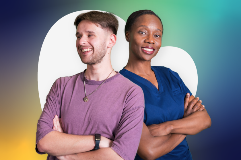 Two people standing back to back with their arms crossed against a blue, green and white background with large heart shape