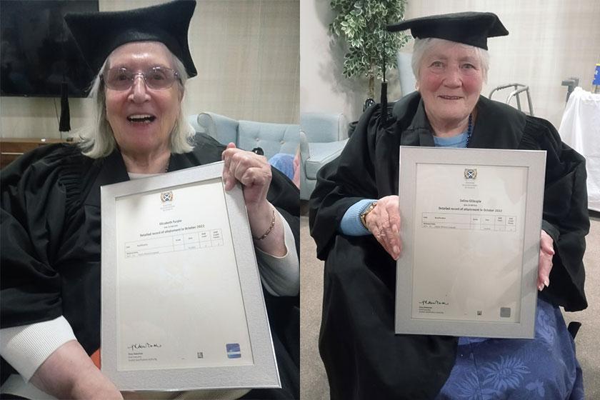 Très bien! Our residents ace French exam! Betty Turpie and Selina Gillespie, residents at our Westwood House Care Home in East Kilbride with their exam certificates after taking French lessons