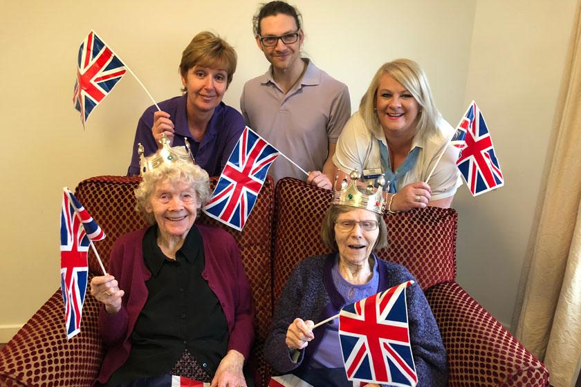 Back Row: Senior Care Assistant Maria Horton, Care Assistant Adam Guest, Administrator Teresa Williams. Front Row: Residents Florence Morris and Sylvia Denton