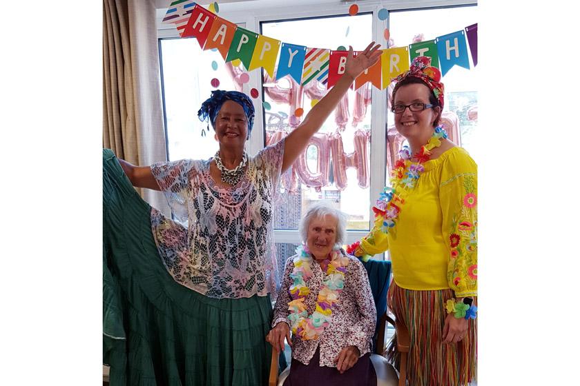 (L-R): Dance entertainer Rebecca Jeffery, resident Winnie Davies and Activities Leader Lucy Cassidy. 