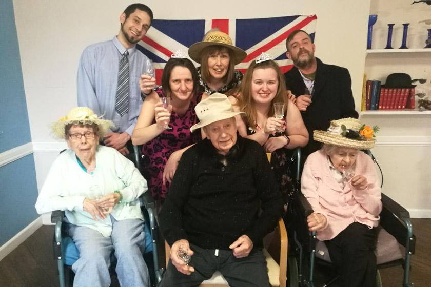 L2R: BR Care assistant Chris Dawson, activities leader Debbie Maguire and care assistant Matthew Richards. MR Care assistants Lisa Payne and Amy Cook. FR Residents Ellen Brown, Albert Cartwright and Liz Kerr