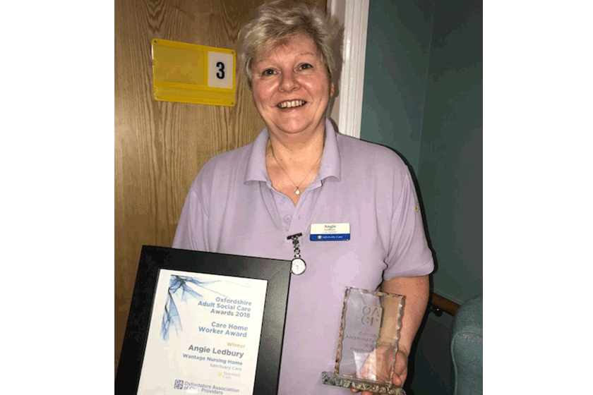 Angie Ledbury celebrates winning the Care Home Worker Award 2018.