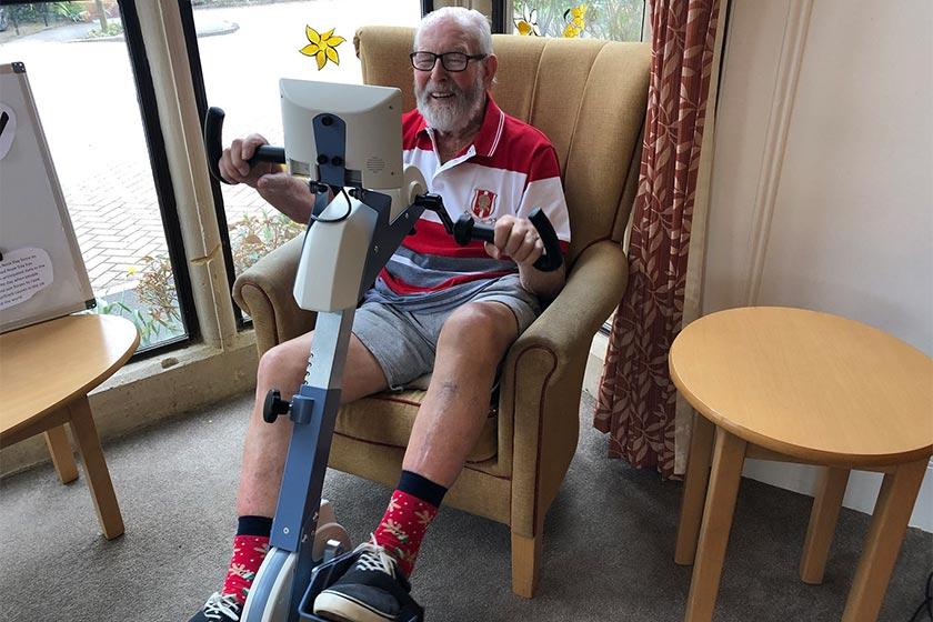 Tony Pryde, resident at Sanctuary Care home in Bridgwater, uses a specially adapted bike
