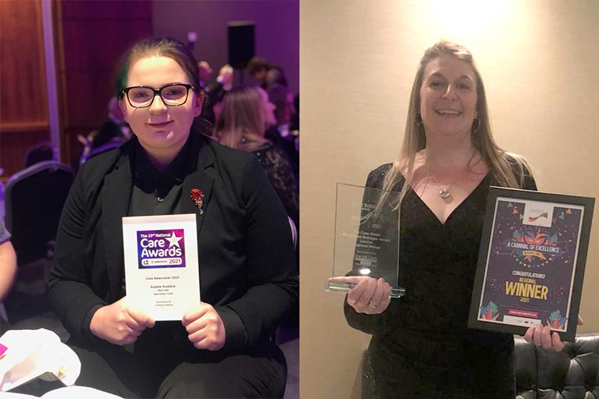 Our care award winners! Sophie Roddick from Mull Hall Care Home in Invergordon and Lorraine Pells, at Parkview House Residential Care Home in London with their care awards