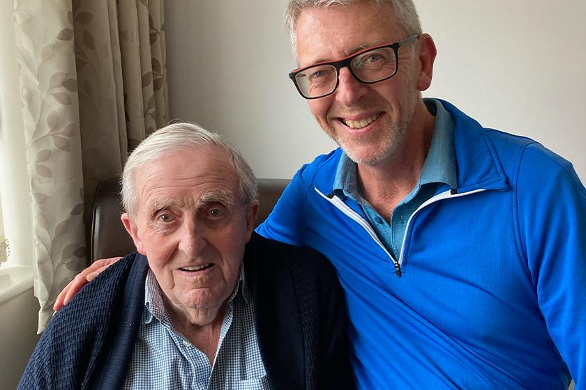 “We had no hesitation in dad going to Ridgewood Court for respite” – Mark’s story Mark Johnson with father Paul, who has respite care breaks at our Ridgewood Court Residential Care Home in Pensby