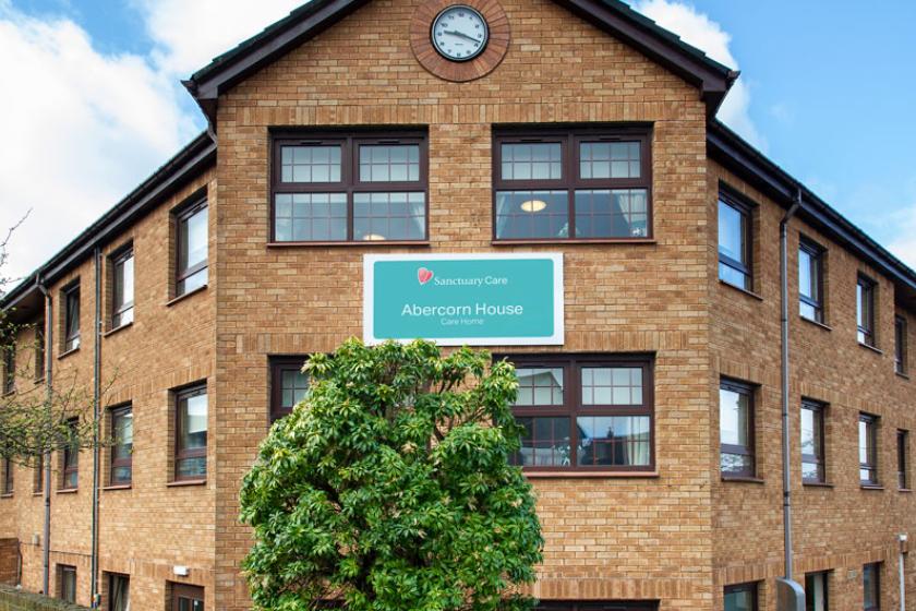 Abercorn House Care Home front view with Sanctuary Care home sign.
